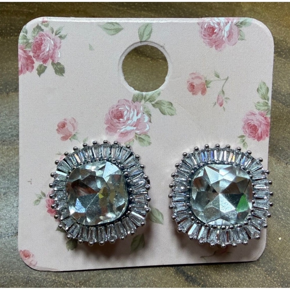 Silver Tone Cushion Cut Crystal Halo Stud Earrings Baguette Rhinestone Statement